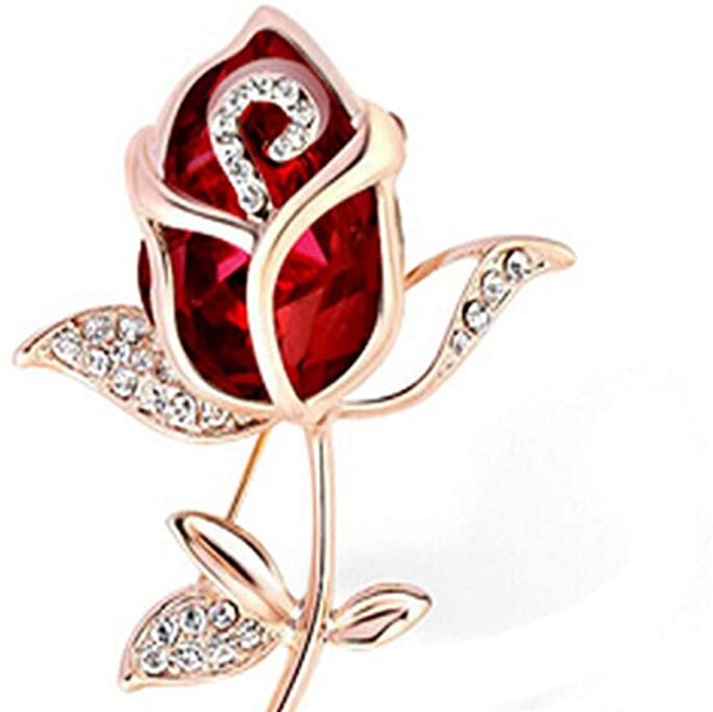 Red Rose And Accent Gold Stem Brooch Pin